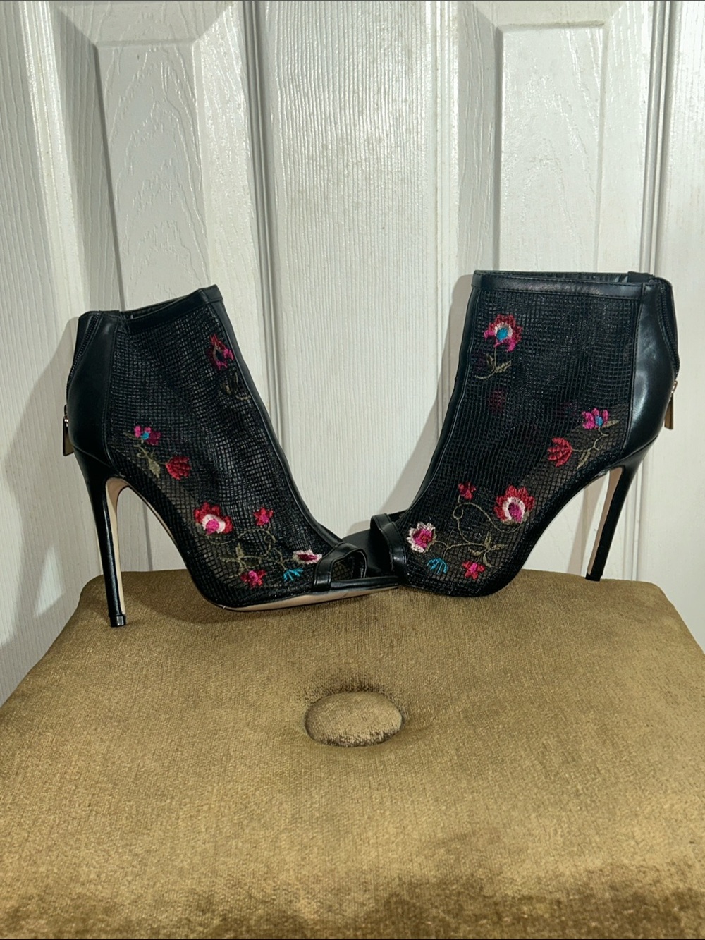 Shoe Dazzle Marissa Black Floral Mesh Peep-Toe Stiletto Booties with Embroidery